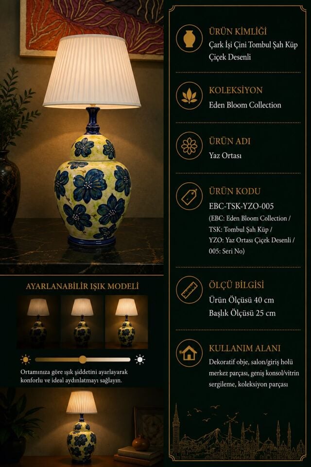 Yaz Ortası Çiçek Desenli El Yapımı Çini Abajur