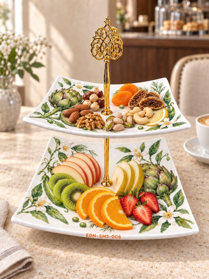 Bahçe Hasadı El Yapımı İki Katlı Çini Sunumluk