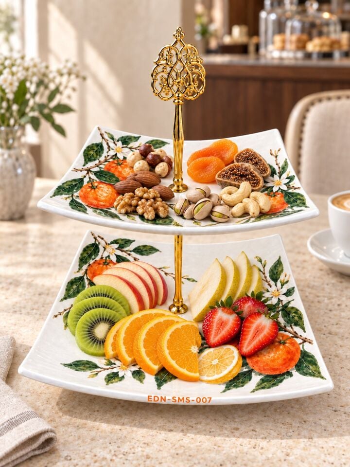 Portakal Çiçeği El Yapımı İki Katlı Çini Sunumluk