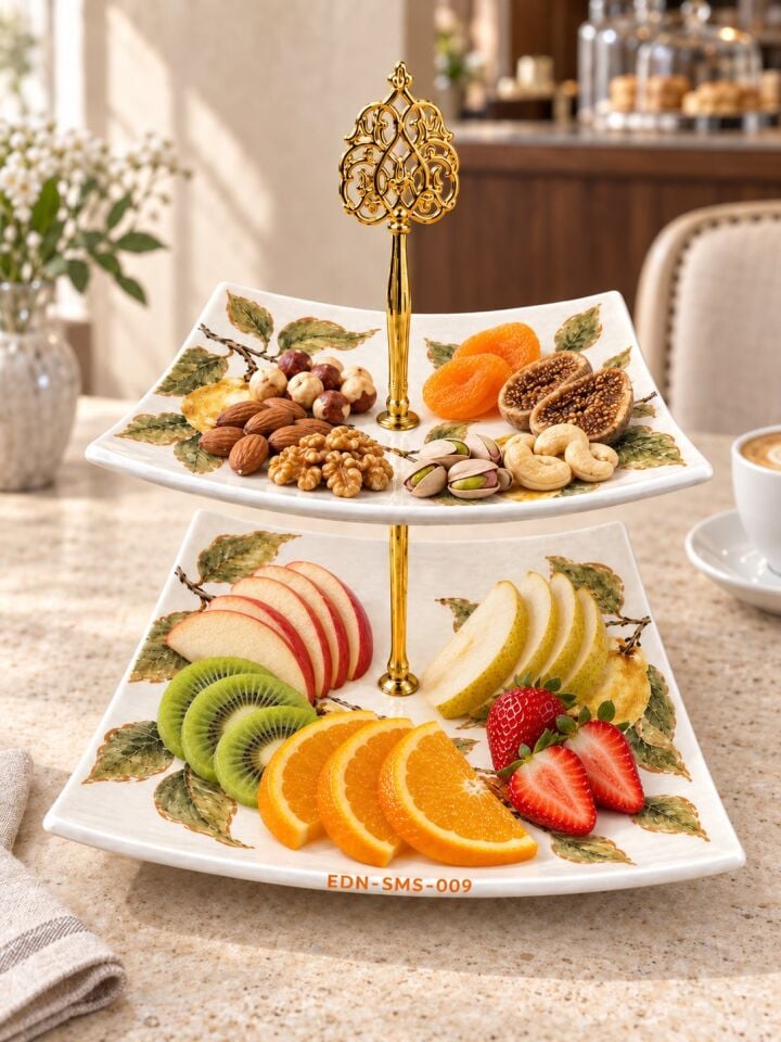 Ayva Dalı El Yapımı İki Katlı Çini Sunumluk