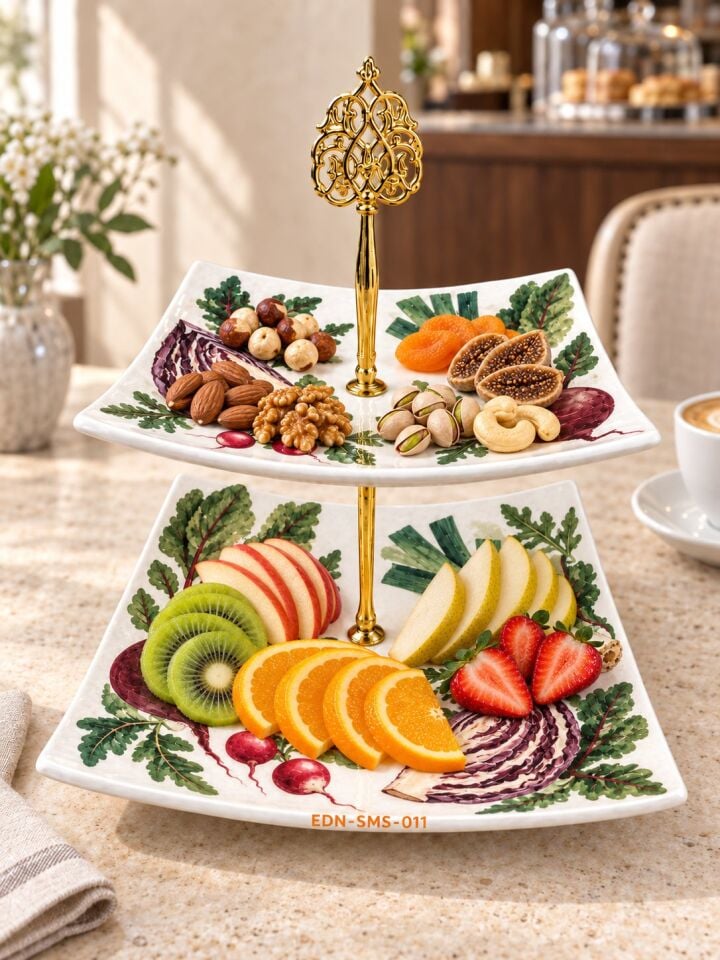Mor Lahana ve Pancar El Yapımı İki Katlı Çini Sunumluk