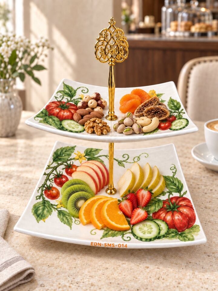 Domates Salatalık Bahçesi El Yapımı İki Katlı Çini Sunumluk