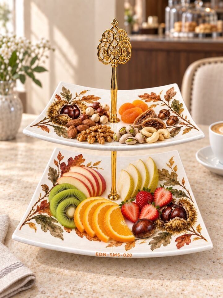 Kestane Meşesi El Yapımı İki Katlı Çini Sunumluk