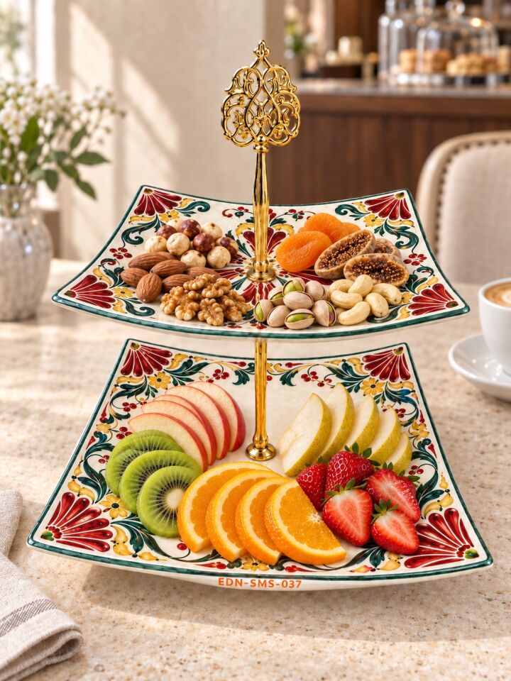Mercan Bahçesi El Yapımı İki Katlı Çini Sunumluk