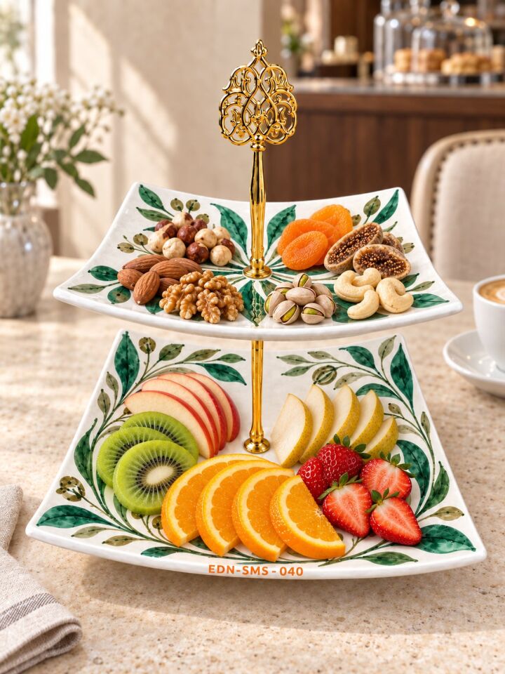 Zeytin Dalı El Yapımı İki Katlı Çini Sunumluk