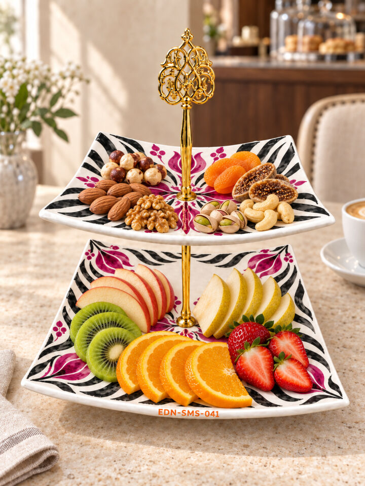 Fuşya Zebra El Yapımı İki Katlı Çini Sunumluk