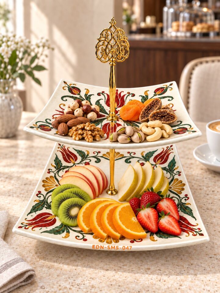 Kırmızı Lale El Yapımı İki Katlı Çini Sunumluk