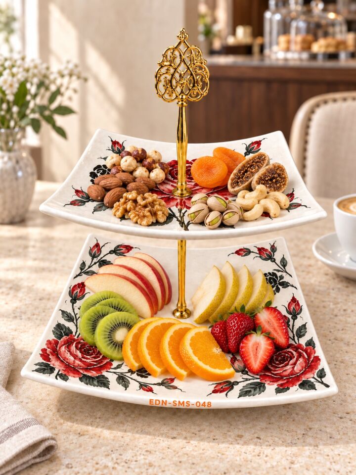 Siyah Kırmızı Gül El Yapımı İki Katlı Çini Sunumluk