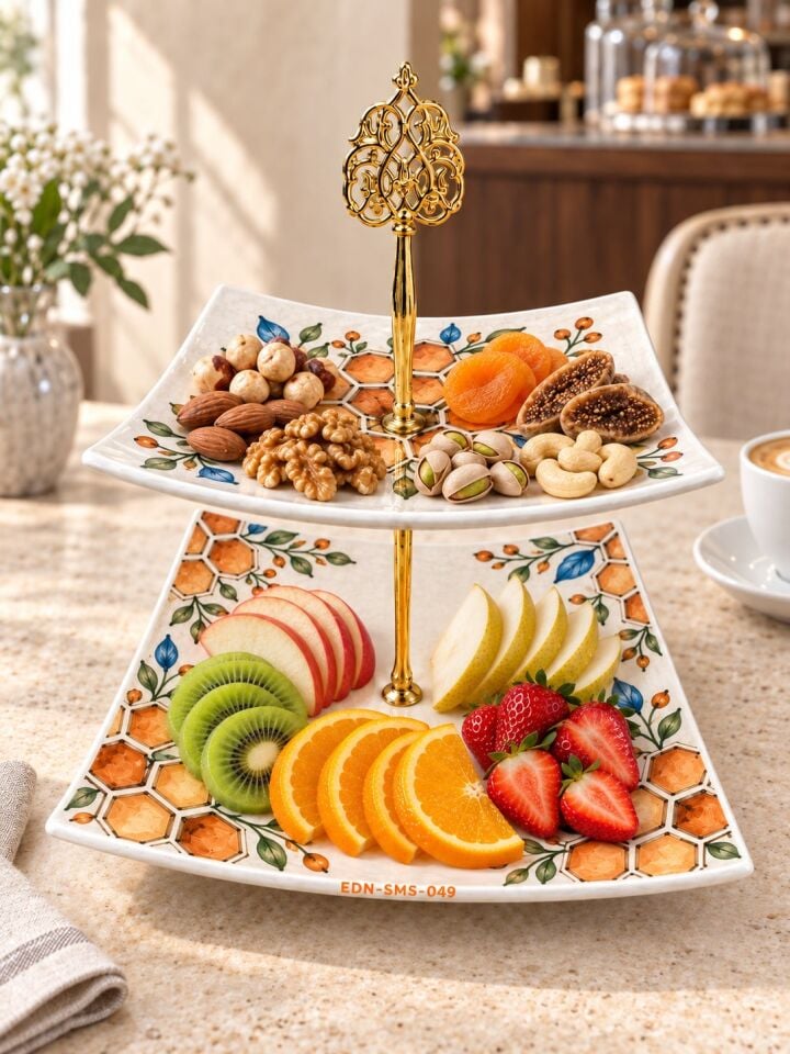 Bal Peteği Narenciye El Yapımı İki Katlı Çini Sunumluk