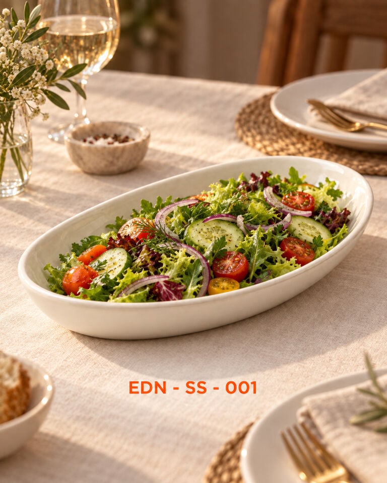Saf Beyaz El Yapımı Oval Çini Salata Sunumluğu