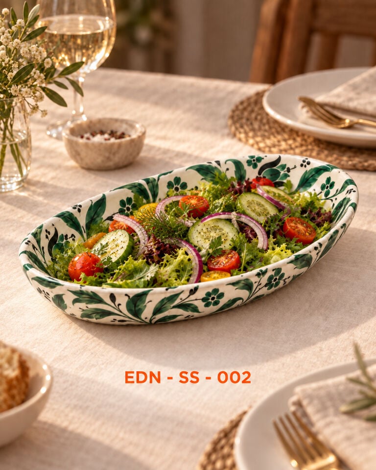 Zümrüt Bahçe El Yapımı Oval Çini Salata Sunumluğu