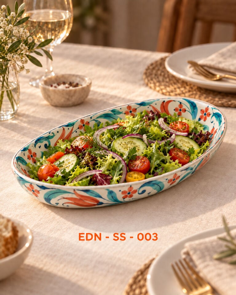 Turkuaz Mercan El Yapımı Oval Çini Salata Sunumluğu