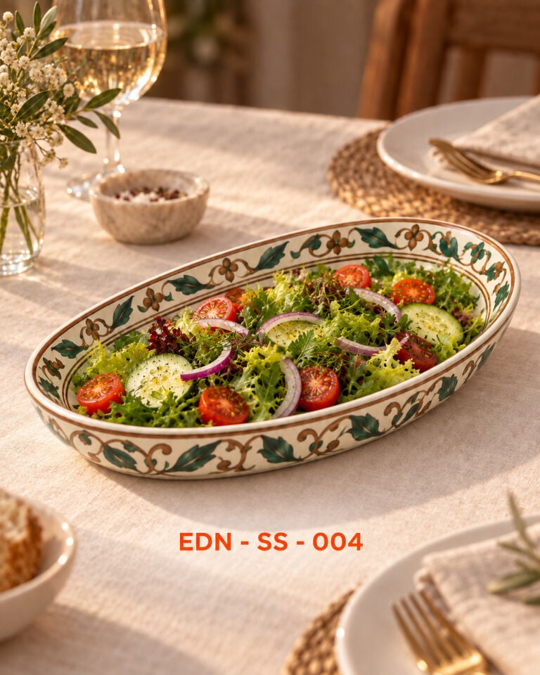 Zeytin Dalı El Yapımı Oval Çini Salata Sunumluğu
