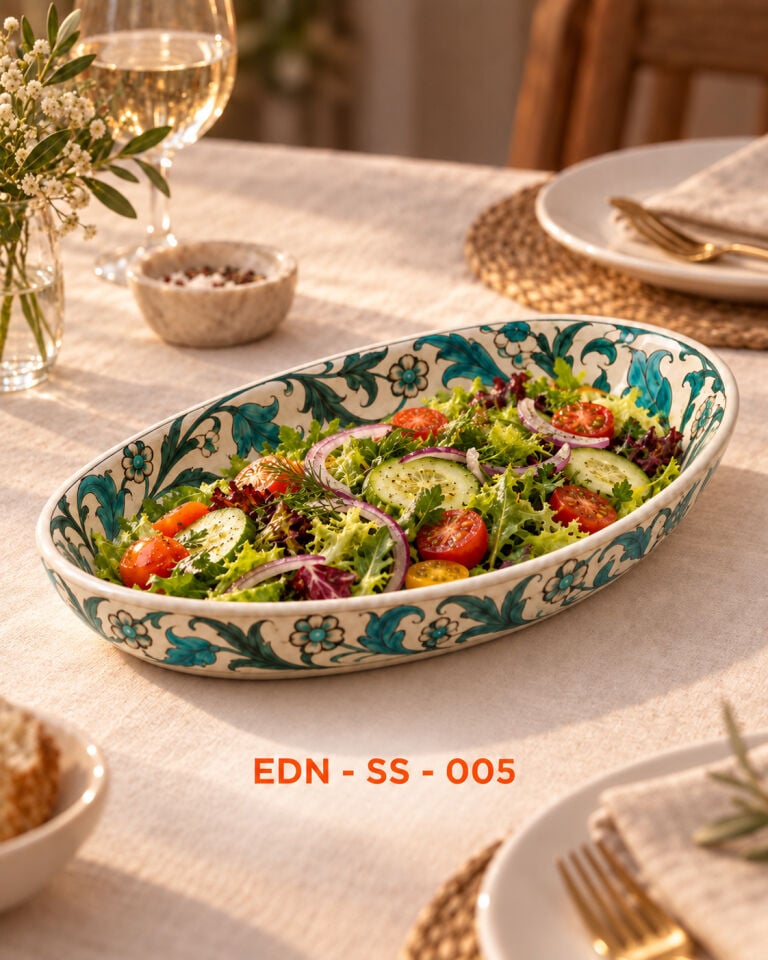 Turkuaz Sarmaşık El Yapımı Oval Çini Salata Sunumluğu