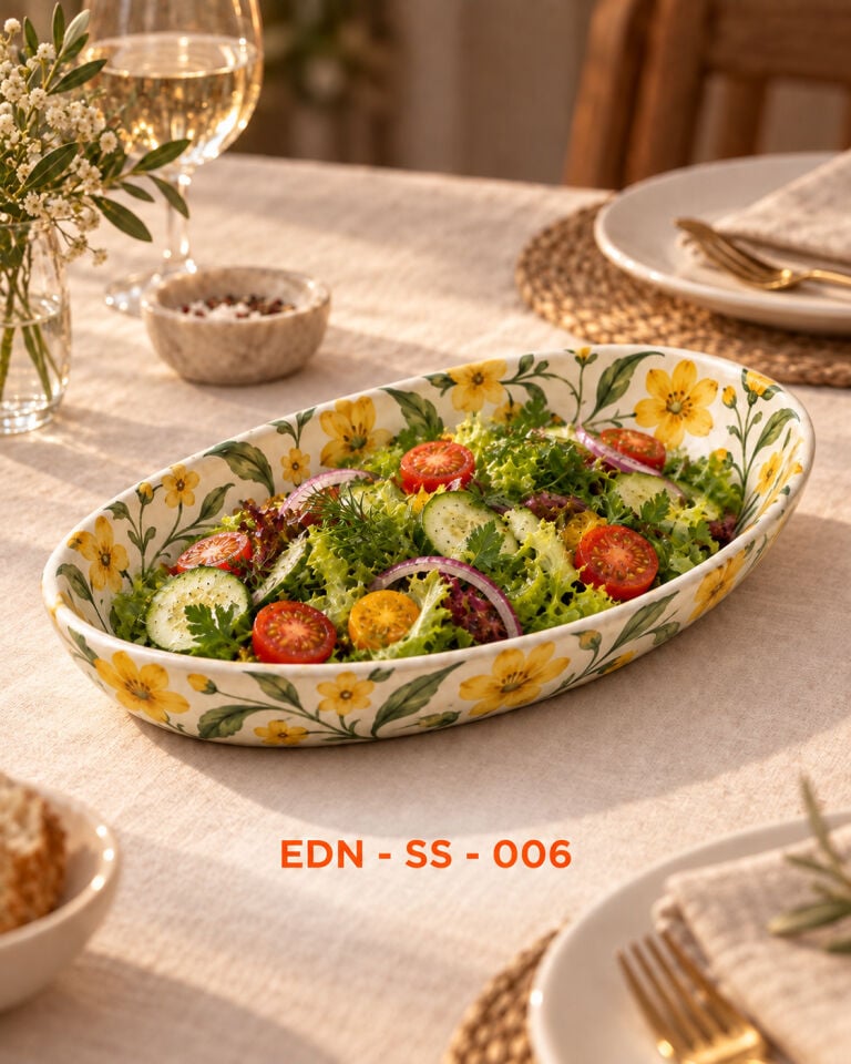 Sarı Bahar El Yapımı Oval Çini Salata Sunumluğu
