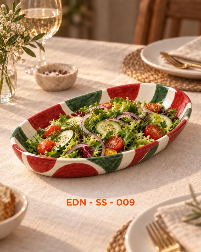 Kırmızı Yeşil Ritim El Yapımı Oval Çini Salata Sunumluğu