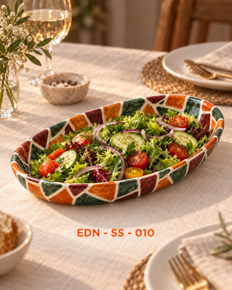 Sonbahar Mozaiği El Yapımı Oval Çini Salata Sunumluğu