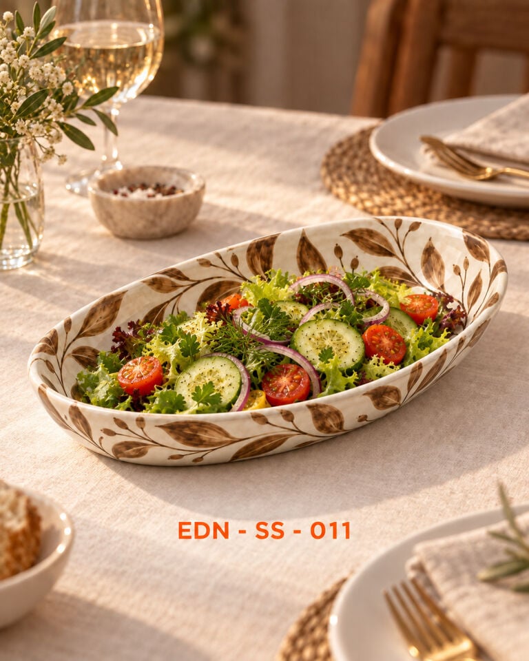Kahve Yaprak El Yapımı Oval Çini Salata Sunumluğu
