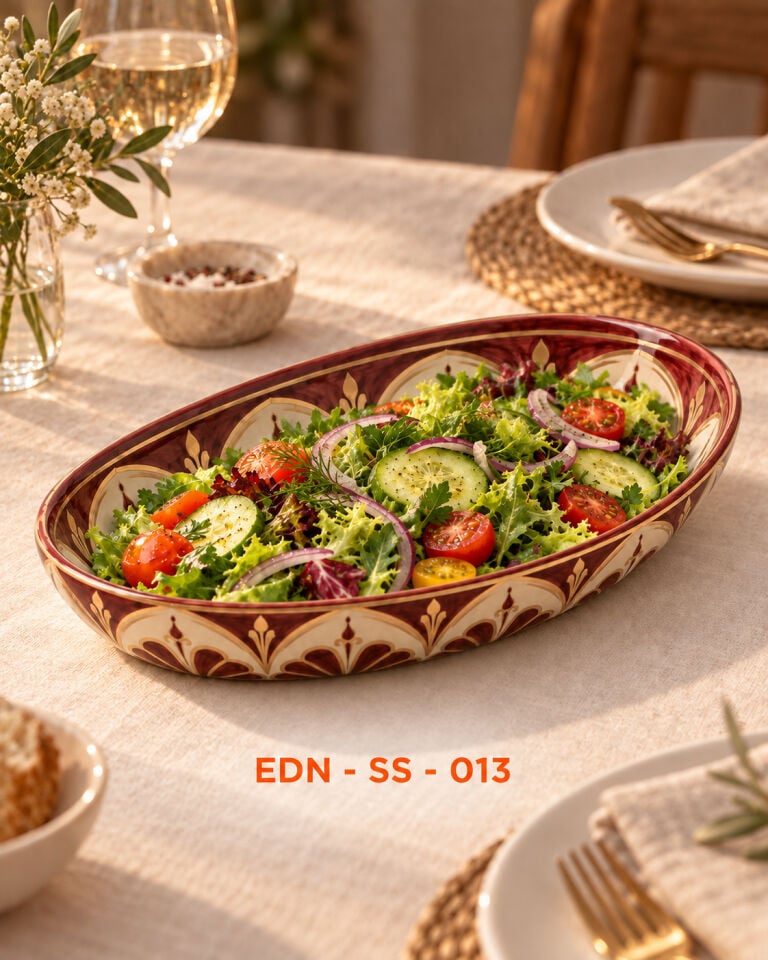 Bordo Yelpaze El Yapımı Oval Çini Salata Sunumluğu