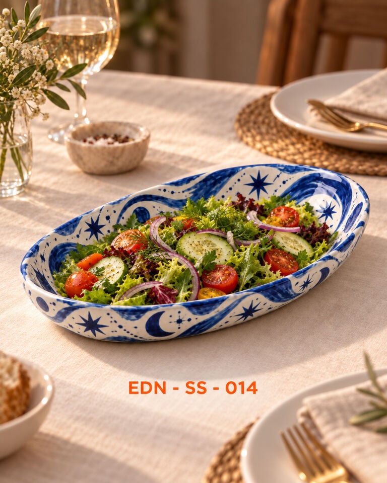 Kobalt Gökyüzü El Yapımı Oval Çini Salata Sunumluğu