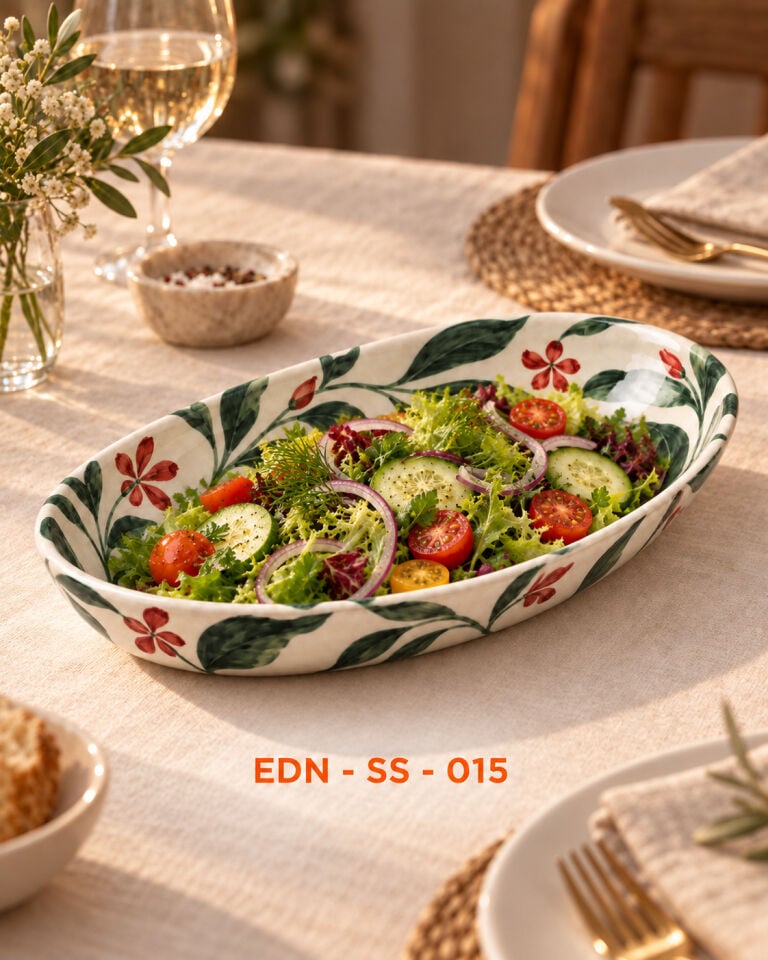 Kır Çiçeği El Yapımı Oval Çini Salata Sunumluğu