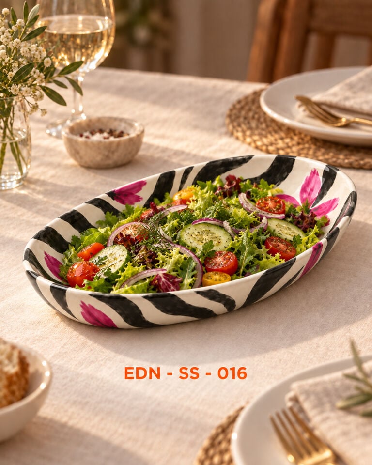 Fuşya Zebra El Yapımı Oval Çini Salata Sunumluğu