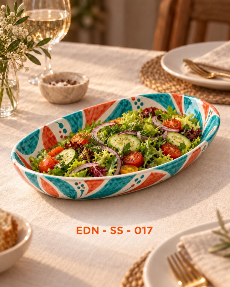 Mercan Yaprak El Yapımı Oval Çini Salata Sunumluğu