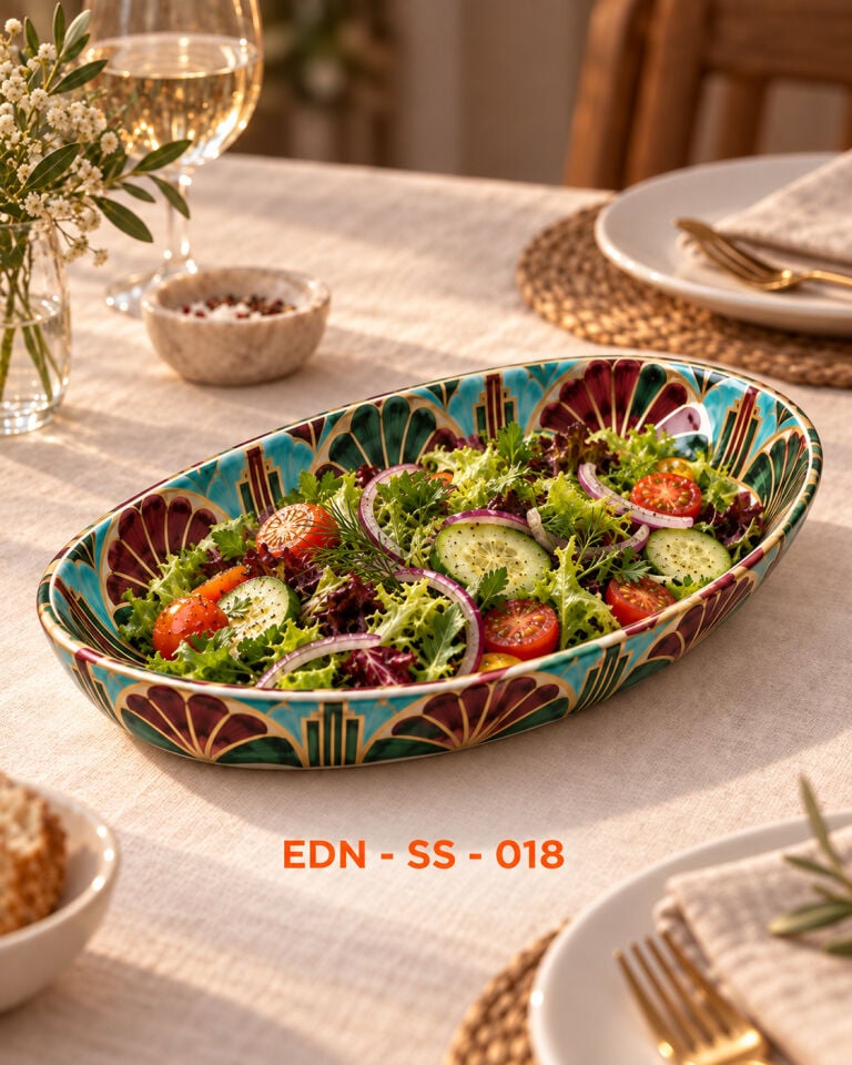 Turkuaz Bordo Yelpaze El Yapımı Oval Çini Salata Sunumluğu