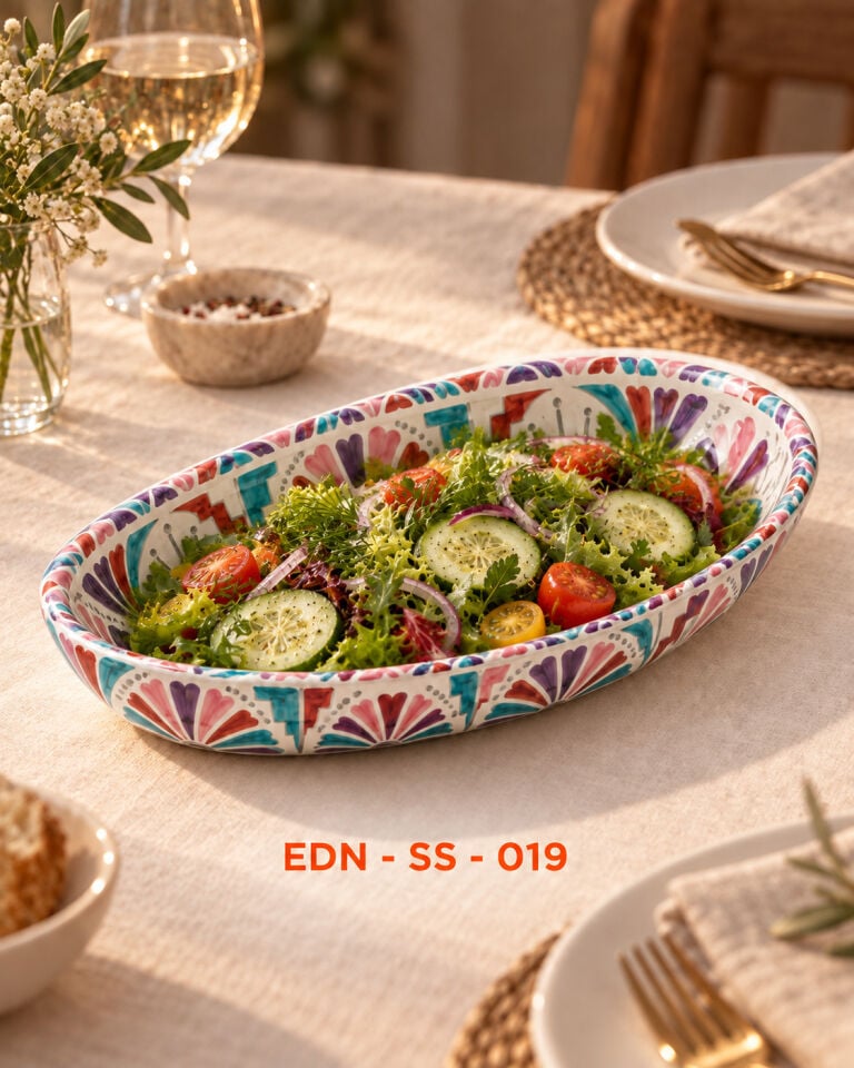 Renkli Yelpaze El Yapımı Oval Çini Salata Sunumluğu