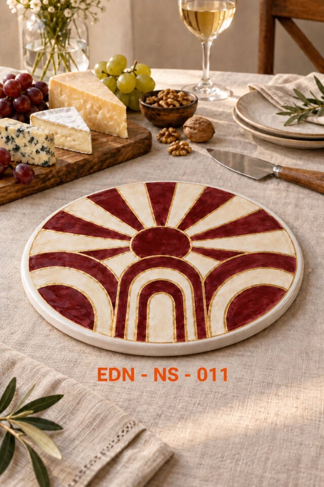 Bordo Güneş El Yapımı Çini Yuvarlak Nihale