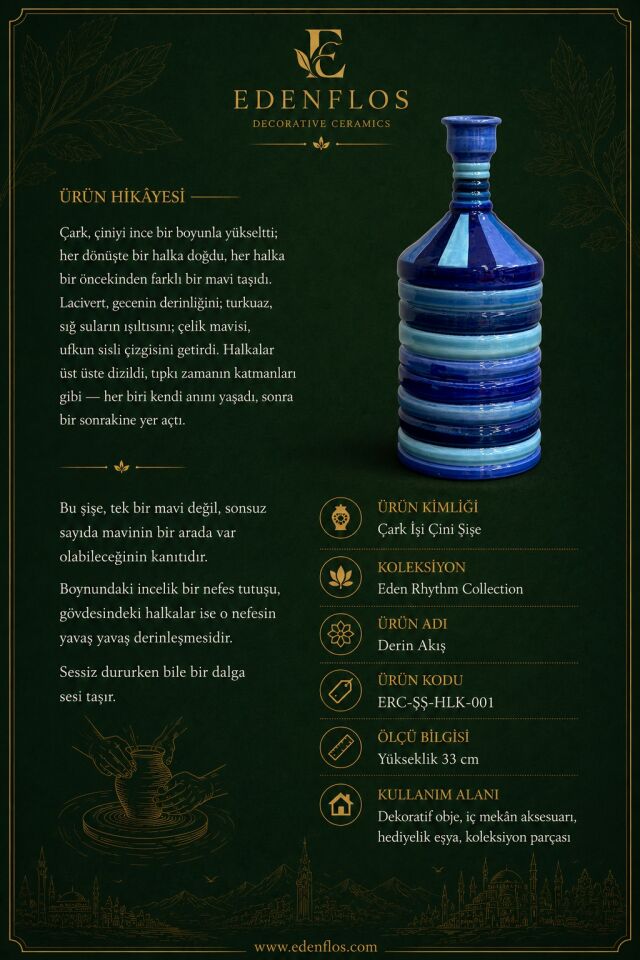 Derin Akış El Yapımı Çini Şişe